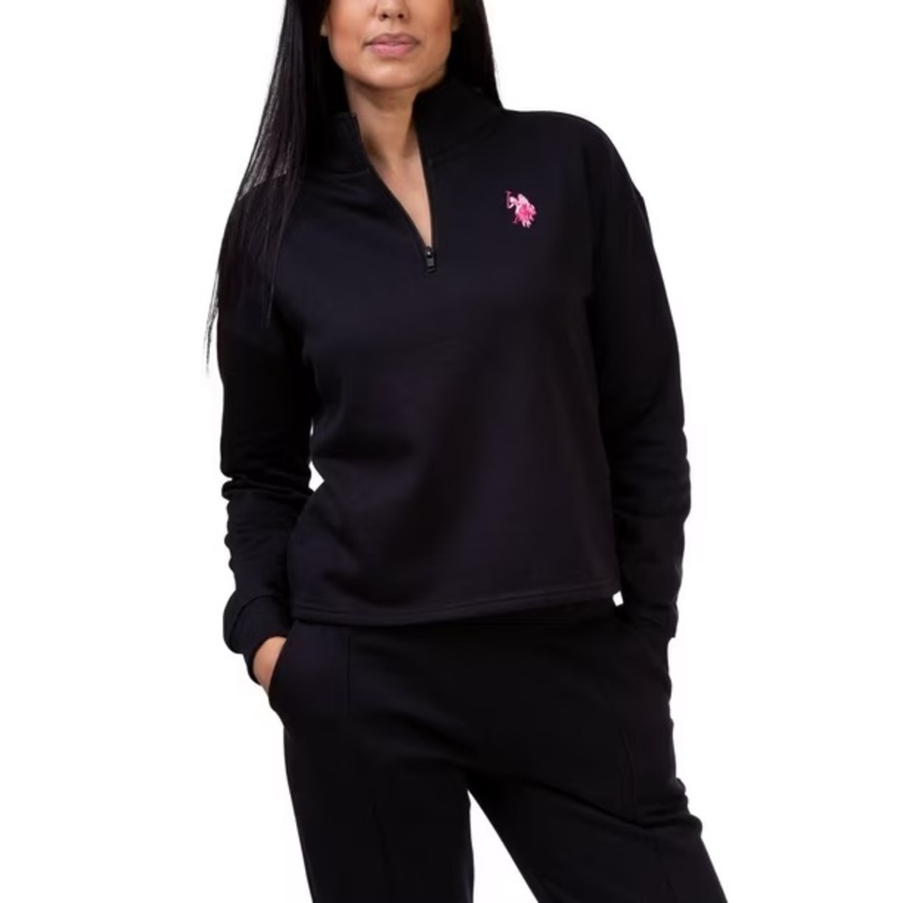 U.S. Polo Assn. Women's Black Cropped Quarter Zip Fleece Pullover Hoodie